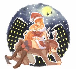 Rule 34 | 1boy, 1girl, all fours, animal costume, antlers, beatrice (umineko), bell, blonde hair, blue eyes, blush stickers, boots, breasts, christmas, cleavage, collar, crossed legs, full moon, hair down, hat, horns, human chair, human furniture, large breasts, moon, neck bell, no naku koro ni (series), open mouth, red hair, reindeer antlers, reindeer costume, ryuukishi07, santa costume, santa hat, sitting, sitting on person, smile, snowing, socks, starhoshi, striped clothes, striped thighhighs, thighhighs, umineko no naku koro ni, ushiromiya battler