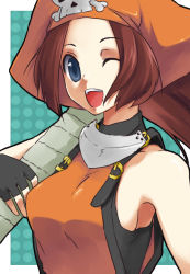 Rule 34 | 1girl, anchor, arc system works, blue eyes, blue hair, brown hair, fingerless gloves, gloves, guilty gear, hat, hinnu@ao, long hair, matching hair/eyes, may (guilty gear), one eye closed, orange hat, orange shirt, pirate, pirate hat, shirt, skull and crossbones, solo, wink