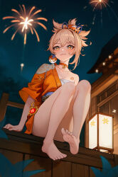 Rule 34 | 1girl, absurdres, bandages, bare legs, barefoot, blonde hair, blush, breasts, butterfly choker, chest sarashi, chest tattoo, choker, cleavage, closed mouth, collarbone, convenient leg, feet, fireworks, flower tattoo, from below, genshin impact, hadanugi dousa, hair between eyes, hair ornament, highres, japanese clothes, kimono, knees up, legs, light smile, looking to the side, medium breasts, night, open clothes, open kimono, orange kimono, outdoors, red choker, red eyes, sarashi, short hair, sidelocks, sitting, soles, solo, tattoo, toenails, toes, topknot, tsarev d, vision (genshin impact), yoimiya (genshin impact)