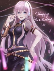 Rule 34 | 1girl, api 6s, armband, belt, black background, black shirt, black skirt, black thighhighs, blue eyes, blue nails, blurry, blurry foreground, commentary, confetti, cowboy shot, dated, detached sleeves, glowstick, gold trim, hairband, hand on headset, hand on own hip, hand up, happy birthday, headphones, headset, highres, long hair, long skirt, looking at viewer, megurine luka, nail polish, open mouth, penlight (glowstick), pink hair, see-through, shirt, short sleeves, side slit, signature, single detached sleeve, skirt, smile, solo, thighhighs, very long hair, vocaloid
