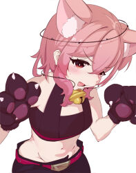 Rule 34 | absurdres, animal ear fluff, animal ears, animal hands, bare shoulders, blush, breasts, cat day, cat ears, cat paws, commentary, english commentary, fang, glint, gloves, hair between eyes, halo, hdukl, highres, medium hair, midriff, navel, nijisanji, nijisanji en, open mouth, paw gloves, paw pose, pink hair, plant, red eyes, rosemi lovelock, rosemi lovelock (4th costume), simple background, skin fang, small breasts, stomach, sweatdrop, thorns, vines, white background