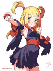 Rule 34 | 1girl, blonde hair, blush, breasts, commentary request, cosplay, cowboy shot, creatures (company), detached sleeves, dress, eyelashes, furisode girl (pokemon), furisode girl kali, furisode girl kali (cosplay), game freak, green eyes, highres, holding, holding poke ball, kinocopro, lillie (pokemon), long hair, medium breasts, nintendo, outstretched arm, parted lips, poke ball, poke ball (basic), pokemon, pokemon sm, pokemon xy, sash, sleeveless, small breasts, solo, twitter username, two side up, watermark, white background, wide sleeves