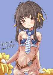 Rule 34 | 1girl, artist name, bikini, black hair, blue background, blush, bow, breasts, dated, detached collar, female focus, gloves, hair bow, heart pasties, highres, kantai collection, looking at viewer, multi-strapped bikini, navel, necktie, o-ring, open mouth, pasties, petite, pom pom (clothes), puddinghomhom, short hair with long locks, simple background, small breasts, solo, striped necktie, swimsuit, thigh gap, ukuru (kancolle), white gloves, yellow bow