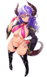 Rule 34 | 1girl, bikini, blue hair, boots, breasts, choker, copyright request, cropped jacket, drill hair, frown, halterneck, halterneck, hand on own hip, highres, horns, large breasts, navel, onsoku inu, simple background, solo, swimsuit, tail, thigh boots, thighhighs, white background, yellow eyes