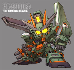Rule 34 | after war gundam x, arm cannon, character name, clenched hands, glowing, glowing eyes, grey background, gundam, gundam x, looking at viewer, mecha, mobile suit, no humans, redesign, robot, science fiction, shoulder cannon, solo, susagane, weapon, yellow eyes