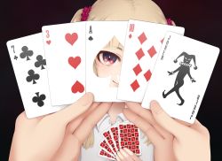 Rule 34 | 1girl, ace (playing card), ace of spades, black background, blonde hair, card, card (medium), commentary, eye focus, holding, holding card, joker (playing card), looking at viewer, original, playing card, poker, pov, smile, spade (shape), twintails, yajirushi (chanoma)
