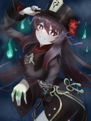 Rule 34 | 1girl, :d, absurdres, black dress, black nails, chinese commentary, dress, flower, flower-shaped pupils, genshin impact, hat, hat flower, highres, holding, holding clothes, holding hat, hu tao (genshin impact), jewelry, jixo (user nzhc8728), long hair, long sleeves, looking at viewer, nail polish, open mouth, red eyes, ring, sidelocks, smile, solo, symbol-shaped pupils