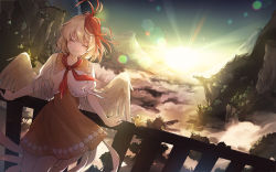 Rule 34 | 1girl, ^ ^, bird, bird tail, bird wings, blonde hair, blush, chick, chicken, cliff, closed eyes, closed mouth, commentary request, dress, closed eyes, feet out of frame, hand on railing, happy, hisona (suaritesumi), lens flare, mountain, multicolored hair, nature, niwatari kutaka, orange dress, outdoors, pine tree, railing, red hair, red scarf, scarf, shirt, smile, solo, sun, sunlight, sunset, tail, touhou, tree, two-tone hair, white shirt, wings