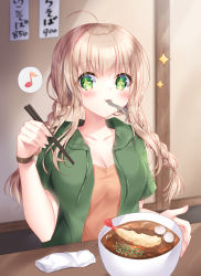 Rule 34 | + +, 1girl, :i, blush, bowl, braid, breasts, brown shirt, chopsticks, cleavage, closed mouth, collarbone, commentary request, drawstring, eating, eighth note, food, green jacket, hair over shoulder, highres, holding, holding chopsticks, hood, hood down, hooded jacket, jacket, kohinata hoshimi, long hair, looking at viewer, low twintails, medium breasts, musical note, noodles, open clothes, open jacket, original, shirt, short sleeves, shrimp, shrimp tempura, solo, sparkle, spoken musical note, tempura, twin braids, twintails, upper body