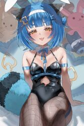 Rule 34 | 1girl, absurdres, ahoge, animal ears, arm strap, arms behind back, bare shoulders, black leotard, black tail, blue bow, blue bowtie, blue hair, blue tail, blunt bangs, bob cut, bow, bowtie, breasts, brown eyes, byou (vfyk8337), chest strap, clothing cutout, commentary, covered navel, cutout above navel, detached collar, fake animal ears, fang, fishnet pantyhose, fishnets, hair ornament, hairband, hairclip, heart, heart-shaped pillow, highres, idol corp, key, leotard, multicolored eyes, pantyhose, pillow, playboy bunny, poko rakun, rabbit ears, raccoon ears, raccoon girl, raccoon tail, short hair, sitting, small breasts, solo, stuffed animal, stuffed toy, tail, thigh strap, tongue, tongue out, underbust, virtual youtuber, white hairband, yellow eyes
