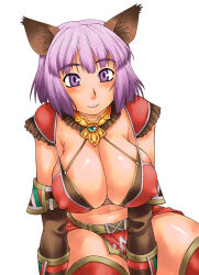 Rule 34 | 1girl, adventurer (ff11), animal ear fluff, animal ears, breasts, cat ears, cleavage, covered erect nipples, final fantasy, final fantasy xi, large breasts, light purple hair, loincloth, mithra (ff11), navel, neriwasabi, purple eyes, short hair, simple background, sitting, smile, solo, white background
