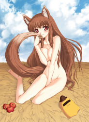 Rule 34 | 00s, 1girl, :3, alternate breast size, animal ears, aokihoshi, apple, barefoot, blush, breasts, breasts squeezed together, cheese-kun, cloud, code geass, crossover, day, food, fruit, hay, highres, holding, holding food, holding fruit, holo, large breasts, long hair, long legs, nude, pizza hut, red eyes, sky, smile, solo, spice and wolf, tail, very long hair, wolf ears, wolf tail
