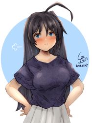 Rule 34 | 1girl, :t, ahoge, artist logo, black hair, black shirt, blouse, breasts, commentary request, cowboy shot, dated, dress, hair down, hands on own hips, highres, kako (kancolle), kantai collection, ld (luna dial398), long hair, looking at viewer, medium breasts, official alternate costume, pleated dress, pout, shirt, skirt, solo, white skirt