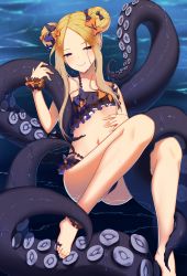 Rule 34 | 1girl, abigail williams (emerald float) (fate), abigail williams (fate), bare shoulders, barefoot, bikini, black bikini, black bow, blonde hair, blue eyes, blush, bow, breasts, closed mouth, double bun, emerald float, fate/grand order, fate (series), feet, forehead, frilled bikini, frills, hair bow, hair bun, highres, kuroshiro (ms-2420), legs, long hair, microskirt, multiple hair bows, navel, official alternate costume, orange bow, parted bangs, polka dot, polka dot bow, scrunchie, skirt, small breasts, smile, solo, swimsuit, tentacles, thighs, water, wrist scrunchie