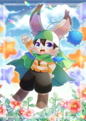 Rule 34 | :d, animal ear fluff, animal ears, arm up, black hair, black pants, blue eyes, blue sky, blurry, blurry background, boots, brown footwear, cape, cloud, cloudy sky, commentary request, commission, day, depth of field, flower, furry, green cape, hair between eyes, hat, kou hiyoyo, long sleeves, looking at viewer, open mouth, original, outdoors, pants, puffy pants, red flower, shirt, skeb commission, sky, smile, star (symbol), striped clothes, striped shirt