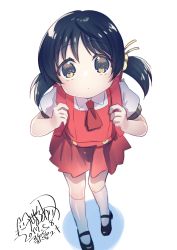 Rule 34 | 1girl, 2017, artist name, ascot, backpack, bad id, bad twitter id, bag, black footwear, black hair, brown eyes, child, closed mouth, collared shirt, dated, dress, expressionless, eyelashes, from above, full body, hair bobbles, hair ornament, highres, kaai yuki, kitasaya ai, kneehighs, looking at viewer, looking up, low twintails, mary janes, medium hair, pinafore dress, puffy short sleeves, puffy sleeves, randoseru, red ascot, red dress, sanpaku, shadow, shirt, shoes, short sleeves, short twintails, signature, simple background, sleeveless dress, socks, solo, standing, tareme, twintails, vocaloid, white background, white shirt, white socks, wing collar