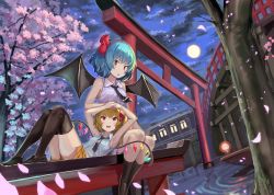 Rule 34 | 2girls, :o, absurdres, alternate costume, armpits, bat wings, black footwear, black neckwear, blonde hair, blue hair, blush, boat, bridge, check commentary, cherry blossoms, cloud, cloudy sky, collared shirt, commentary request, crystal, fang, fangs, flandre scarlet, full body, full moon, hair ribbon, hairband, hand grab, hand on another&#039;s head, hands on own head, headpat, highres, huge filesize, isemori, lantern, lap pillow, lavender shirt, loafers, looking up, lying, moon, multiple girls, necktie, night, night sky, no headwear, on back, one side up, open mouth, orange shorts, over-kneehighs, petals, purple sky, railing, red eyes, red hairband, red ribbon, remilia scarlet, ribbon, ripples, shirt, shoes, short hair, shorts, siblings, sisters, sitting, sky, sleeveless, sleeveless shirt, slit pupils, socks, thighhighs, torii, touhou, tree, v-shaped eyebrows, water, watercraft, white shirt, wind, wing collar, wings