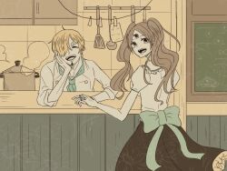 Rule 34 | 1boy, 1girl, alternate costume, blonde hair, brown hair, charlotte pudding, chef, commentary request, couple, curly eyebrows, extra eyes, facial hair, goatee, hair over one eye, highres, indoors, kitchen, long hair, one eye covered, one piece, open mouth, sanji (one piece), short hair, twintails, uniform, yuiyui-sougo