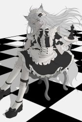 Rule 34 | 1girl, :q, absurdres, aipssai, alternate costume, animal ears, antenna hair, apron, arknights, black bow, black bowtie, black dress, black footwear, black nails, bow, bowtie, chair, checkered floor, chess piece, chinese commentary, commentary request, dress, enmaided, fork, frilled apron, frills, grey eyes, hair ornament, hairclip, hands up, head tilt, highres, holding, holding fork, holding plate, king (chess), kneehighs, lappland (arknights), long hair, looking at viewer, maid, maid apron, mixed-language commentary, nail polish, petticoat, plate, puffy short sleeves, puffy sleeves, scar, scar across eye, scar on face, shadow, shoes, short sleeves, silver hair, sitting, smile, socks, solo, tail, tongue, tongue out, waist apron, white apron, white socks, wolf ears, wolf tail, wrist cuffs