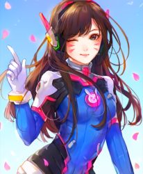 Rule 34 | 1girl, animal print, arm at side, black eyes, blue background, blue bodysuit, blush, bodysuit, breasts, brown hair, cherry blossoms, closed mouth, d.va (overwatch), facepaint, facial mark, gloves, gradient background, headset, long hair, looking at viewer, medium breasts, one eye closed, overwatch, overwatch 1, petals, pointing, pointing up, rabbit print, ribbed bodysuit, ruuto-kun, screen, smile, solo, swept bangs, upper body, whisker markings, white gloves