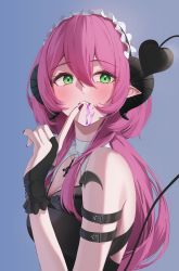 Rule 34 | 1girl, absurdres, arm strap, daimi 94, demon tail, fingerless gloves, gloves, green eyes, hair between eyes, hand up, highres, horns, index finger raised, indie virtual youtuber, mole, mole under eye, pink hair, pointy ears, solo, tail, upper body, violet (vtuber), virtual youtuber