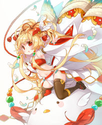 Rule 34 | 1girl, :o, bare shoulders, bird, black socks, blonde hair, blush, bracelet, commentary request, detached sleeves, feathers, granblue fantasy, hair ornament, jewelry, kneehighs, long hair, looking at viewer, mahira (granblue fantasy), midriff, navel, on animal, outstretched arms, red eyes, reina (black spider), simple background, socks, solo, thighhighs, very long hair, white background, wide sleeves