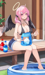 Rule 34 | 1girl, ahoge, angel wings, bare shoulders, bikini, bikini top only, black bikini, black wings, blush, breasts, character request, cleavage, closed mouth, collar, collarbone, demon wings, denim, denim shorts, feathered wings, fingernails, food, frilled bikini, frills, hair intakes, hair ornament, hairclip, halo, highres, holding, huge breasts, ice shaver, jewelry, large breasts, legs, licking lips, light blush, long hair, looking at viewer, low twintails, medium hair, navel, necklace, original, outdoors, pink eyes, pink hair, plant, polka dot, polka dot bikini, potted plant, shaved ice, short shorts, shorts, sitting, smile, soar sora222, solo, stomach, swimsuit, syrup, thighs, tongue, tongue out, twintails, wading pool, wings, wristband