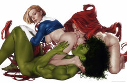 Rule 34 | 3girls, absurdly long hair, anilingus, anus, biceps, blonde hair, breasts, colored skin, completely nude, cunnilingus, dima ivanov, fantastic four, fff threesome, green hair, green skin, group sex, highres, inhumans, knees up, long hair, marvel, medusa (marvel), multiple girls, muscular, muscular female, nipples, nude, oral, prehensile hair, pussy, realistic, red hair, she-hulk, short hair, simple background, sue storm, threesome, very long hair, yuri