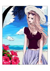 Rule 34 | 1girl, bad id, bad twitter id, beach, black eyes, border, breasts, cigarette, cloud, cowboy shot, day, eyewear on head, hat, highres, hina (one piece), large breasts, lips, lipstick, long hair, looking to the side, makeup, ocean, one piece, sarong, sherumaru (korcht06), shirt, short sleeves, sky, smoke, smoking, solo, summer, sunglasses, t-shirt, white border, white hat