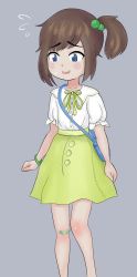 Rule 34 | 1girl, alternate costume, alternate hairstyle, artist request, bag, bandaid, blue bag, blue eyes, brown hair, buttons, child, collarbone, feet out of frame, freckles, full body, green hair ornament, green skirt, green wristband, grey background, hair ornament, handbag, highres, indie virtual youtuber, lily hopkins, neck ribbon, open mouth, ribbon, ruffled shirt, shirt, short sleeves, side ponytail, simple background, skirt, source request, sweat, sweatdrop, teeth, tongue, upper teeth only, virtual youtuber, white shirt, wristband