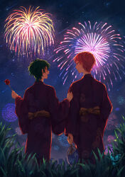 Rule 34 | 2boys, absurdres, arm at side, bow, candy apple, closed eyes, closed mouth, clothes grab, commentary request, ensemble stars!, feet out of frame, fireworks, food, grass, green hair, hand fan, highres, holding, holding fan, holding food, itsuki shu, japanese clothes, kagehira mika, kimono, long sleeves, looking at another, male focus, multiple boys, night, night sky, open mouth, outdoors, pink hair, purple eyes, short hair, sky, sleeve grab, valkyrie (ensemble stars!), wednesday 108
