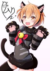 Rule 34 | 10s, 1girl, animal ears, animal hands, bell, cat ears, cat paws, cat tail, character name, claws, fang, highres, hoshizora rin, looking at viewer, love live!, love live! school idol festival, love live! school idol project, matching hair/eyes, open mouth, orange eyes, orange hair, paw pose, ribbon, short hair, simple background, solo, sylphine, tail