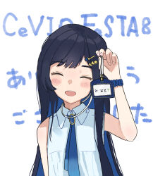 Rule 34 | 1girl, absurdres, black hair, blue hair, blue ribbon, blush, brooch, cevio, character name, closed eyes, collared dress, colored inner hair, copyright name, dress, futaba minato, gradient ribbon, hair ornament, hairclip, hand up, head tilt, highres, holding, jewelry, long hair, multicolored hair, name tag, neck ribbon, open mouth, ribbon, scrunchie, shiyomifu, sleeveless, sleeveless dress, smile, solo, swept bangs, upper body, white dress, wrist scrunchie