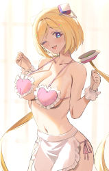 Rule 34 | 1girl, ;d, absurdres, aki rosenthal, apron, bikini, blonde hair, blue eyes, breasts, clenched hands, detached hair, hairpods, hands up, heart bikini, highres, hololive, large breasts, long hair, looking at viewer, low twintails, navel, nearly naked apron, one eye closed, open mouth, pink bikini, smile, solo, stomach, strap gap, swimsuit, twin (tt lsh), twintails, very long hair, virtual youtuber