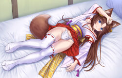 Rule 34 | 1girl, animal ear fluff, animal ears, arm up, bare shoulders, bed, bell, blue eyes, blush, brown hair, closed mouth, clothes lift, detached sleeves, fox ears, fox girl, fox tail, full body, fundoshi, groin, hair bell, hair between eyes, hair ornament, highres, indoors, iroha (iroha matsurika), japanese clothes, jingle bell, kimono, long hair, long sleeves, looking at viewer, lying, no shoes, nontraditional miko, obi, on back, on bed, original, parted bangs, pillow, pleated skirt, red skirt, ribbon-trimmed legwear, ribbon-trimmed sleeves, ribbon trim, sarashi, sash, skirt, skirt lift, sleeveless, sleeveless kimono, smile, solo, tabi, tail, thighhighs, twitter username, very long hair, white kimono, white sleeves, white thighhighs, wide sleeves