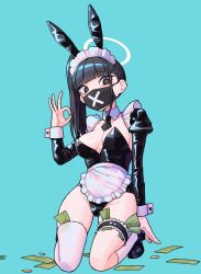 Rule 34 | 1girl, 28 (282teeth), absurdres, alternate costume, animal ears, apron, aqua background, banknote, black hair, black leotard, black mask, blue archive, blunt bangs, breasts, commentary request, detached collar, detached sleeves, fake animal ears, halo, highres, kneehighs, korean commentary, leotard, looking at viewer, maid headdress, mask, medium breasts, money, mouth mask, necktie, ok sign, playboy bunny, rabbit ears, short necktie, side ponytail, simple background, socks, solo, sukeban (smg) (blue archive), thighhighs, white apron, white thighhighs
