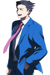 Rule 34 | 1boy, ace attorney, belt, black hair, blue eyes, blue jacket, blue pants, collared shirt, formal, hand in pocket, highres, jacket, long sleeves, looking at viewer, male focus, necktie, one eye closed, open mouth, pants, phoenix wright, pink necktie, roku (bb8800xx), shirt, short hair, simple background, smile, solo, spiked hair, suit, white background, white shirt