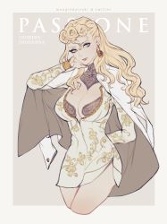 Rule 34 | 1girl, blonde hair, blue eyes, breasts, center opening, character name, cleavage, cropped legs, dress, earrings, genderswap, genderswap (mtf), giorno giovanna, highres, jacket, jacket on shoulders, jewelry, jojo no kimyou na bouken, large breasts, long hair, looking at viewer, moogie (shinjyu), simple background, solo, white dress, white jacket