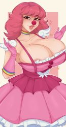 Rule 34 | 1girl, ace attorney, areola slip, blush, breasts, choker, cleavage, clown, clown girl, clown nose, dress, female focus, geiru toneido, gloves, heart, highres, huge breasts, makeup, phoenix wright: ace attorney - spirit of justice, pink dress, pink hair, rainbow, short dress, short hair, smile, solo, spookiebuni, suspenders, sweat, thick lips