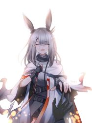 Rule 34 | 1girl, animal ears, arknights, belt, black gloves, frostnova (arknights), gloves, hair ornament, hair over one eye, hairclip, highres, jacket, long hair, looking at viewer, outstretched arm, rabbit ears, rahnsiegfried, scar, scar on face, scar on nose, smile, white hair