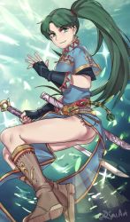Rule 34 | 1girl, ass, bare legs, belt, blush, breasts, crossed arms, dress, earrings, female focus, fingerless gloves, fire emblem, fire emblem: the blazing blade, fire emblem heroes, from behind, full body, gloves, green eyes, green hair, highres, jewelry, leg up, long hair, looking at viewer, lyn (fire emblem), medium breasts, navel, nintendo, no panties, pelvic curtain, ponytail, ryairyai, side slit, smile, solo, sword, tank top, transparent background, very long hair, weapon