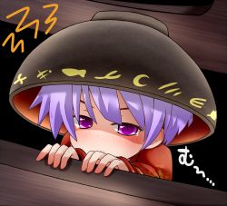 Rule 34 | 1girl, bad id, bad pixiv id, blush, bowl, bowl hat, box, hat, hato no suisou, highres, in box, in container, looking at viewer, mini person, minigirl, purple eyes, purple hair, solo, sukuna shinmyoumaru, sulking, tears, touhou