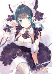 Rule 34 | 1girl, absurdres, animal ears, arm support, azur lane, bare shoulders, black dress, black hair, blue hair, blue nails, blush, breasts, cat ears, cheshire (azur lane), cleavage, clenched hand, closed mouth, commentary request, crossed legs, detached sleeves, dress, fake animal ears, frilled dress, frills, hand up, head tilt, highres, kikurage tom., large breasts, looking at viewer, maid, maid headdress, medium hair, multicolored hair, nail polish, puffy short sleeves, puffy sleeves, short sleeves, sitting, solo, streaked hair, striped, thighhighs, two-tone hair, white thighhighs, wrist cuffs