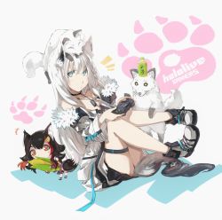 Rule 34 | + +, 2girls, ^^^, animal ears, bare shoulders, black choker, black hair, boots, braid, chibi, choker, commentary request, controller, copyright name, corn, cup, disposable cup, dog tags, eyebrows hidden by hair, food, fox, fox ears, fox girl, fox on head, fox tail, fur-trimmed jacket, fur trim, game controller, green eyes, hair between eyes, hair ornament, hairclip, highres, holding, holding controller, holding food, holding game controller, hololive, hololive gamers, jacket, legs up, long hair, looking at viewer, multiple girls, notice lines, ookami mio, open clothes, open jacket, orange eyes, paw print, pentagram, playstation controller, red hair, satorine, shirakami fubuki, shirakami fubuki (1st costume), shirakami fubuki (fubukitek), sidelocks, simple background, single braid, sitting, tail, thigh strap, virtual youtuber, white background, white hair, white jacket, wolf ears, wolf girl, wolf tail