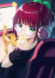 Rule 34 | 1girl, absurdres, animal, black shirt, blunt bangs, blush, cat, chair, chips (food), closed mouth, food, food in mouth, from behind, goggles, green eyes, grey-framed eyewear, headphones, highres, ikazu401, looking at viewer, looking back, monitor, mouth hold, nagisa arcinia, nijisanji, nijisanji id, off shoulder, office chair, on chair, potato chips, purple hair, round eyewear, shirt, sitting, solo, swivel chair, virtual youtuber