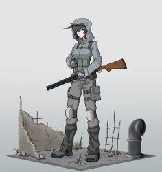 Rule 34 | 1girl, abandoned, absurdres, animal ears, arbor spirit, black hair, blue eyes, chest rig, double-barreled shotgun, expressionless, fox ears, gloves, gun, highres, holding, holding gun, holding weapon, hood, hoodie, knee pads, long sleeves, looking at viewer, original, short hair, shotgun, solo, standing, tactical clothes, toz-34, weapon