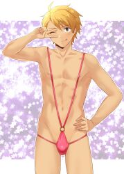 Rule 34 | 1boy, ;p, ahoge, blonde hair, blush, brown eyes, bulge, collarbone, commentary request, cowboy shot, groin, hand on own hip, hand up, highres, idolmaster, idolmaster side-m, licking lips, linea alba, looking at viewer, maita rui, male focus, navel, nipples, o-ring, o-ring swimsuit, one-piece swimsuit, one eye closed, outside border, parted bangs, pectorals, pink one-piece swimsuit, short hair, skindentation, slingshot swimsuit, solo, spiked hair, standing, star (symbol), starry background, swimsuit, toned, toned male, tongue, tongue out, v, v over eye, variant set, yuya hytk