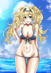 Rule 34 | 1girl, alternate costume, arm behind back, bare shoulders, bikini, blonde hair, blue eyes, blue sky, blush, breasts, cloud, collarbone, cowboy shot, dated, day, front-tie top, gambier bay (kancolle), hair between eyes, hairband, hand up, highres, kantai collection, large breasts, long hair, lowleg, lowleg bikini, nakura haru, navel, ocean, open mouth, outdoors, signature, sky, solo, stomach, swimsuit, thighs, twintails