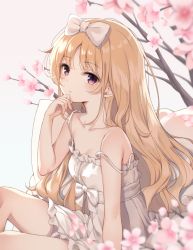 Rule 34 | 1girl, bare legs, bare shoulders, blonde hair, blurry, bow, breasts, cherry blossoms, cleavage, collarbone, depth of field, dress, flower, hair bow, hand on own chin, hand up, highres, long hair, looking at viewer, original, pink flower, purple eyes, sitting, sleeveless, sleeveless dress, small breasts, solo, spaghetti strap, strap slip, branch, white background, white bow, white dress, yaya (yayaa 00)