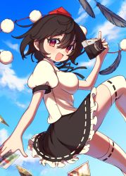 Rule 34 | 1girl, absurdres, black hair, black ribbon, black skirt, breasts, camera, collared shirt, e sdss, frilled skirt, frills, hat, highres, kneehighs, large breasts, miniskirt, pom pom (clothes), puffy short sleeves, puffy sleeves, red eyes, ribbon, shameimaru aya, shirt, short sleeves, skirt, socks, solo, thighhighs, tokin hat, touhou, white shirt, white thighhighs